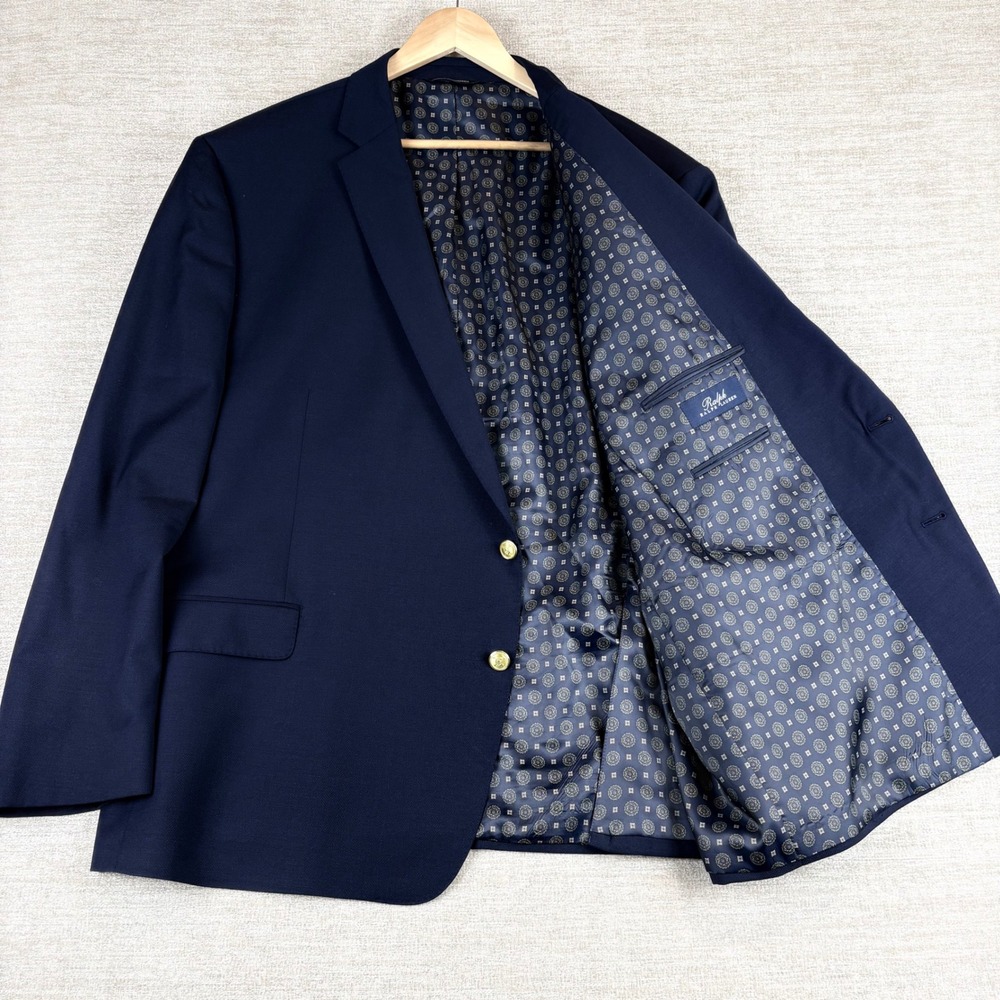 Ralph Lauren Navy Blue Wool CoolMax Blend Gold Buttons Blazer Men 54R Navy Prep